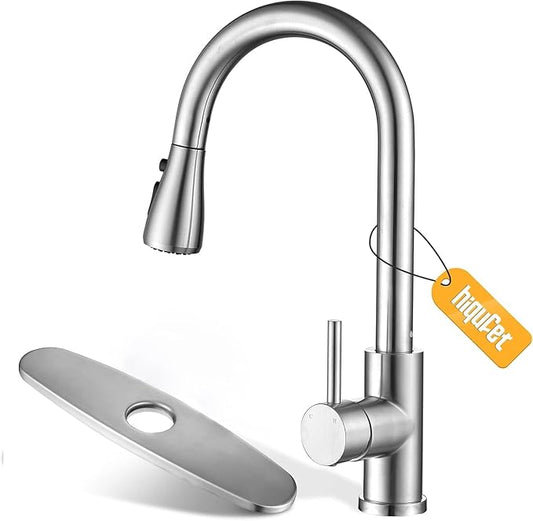 Hiqufet Kitchen Sink Faucet with Pull Down Sprayer with Deck Plate, Brushed Nickel High ArcFaucet, Stainless Steel Modern RV Bar Sink Faucets for Pot Filler, Farmhouse Camper Bar Laundry Room