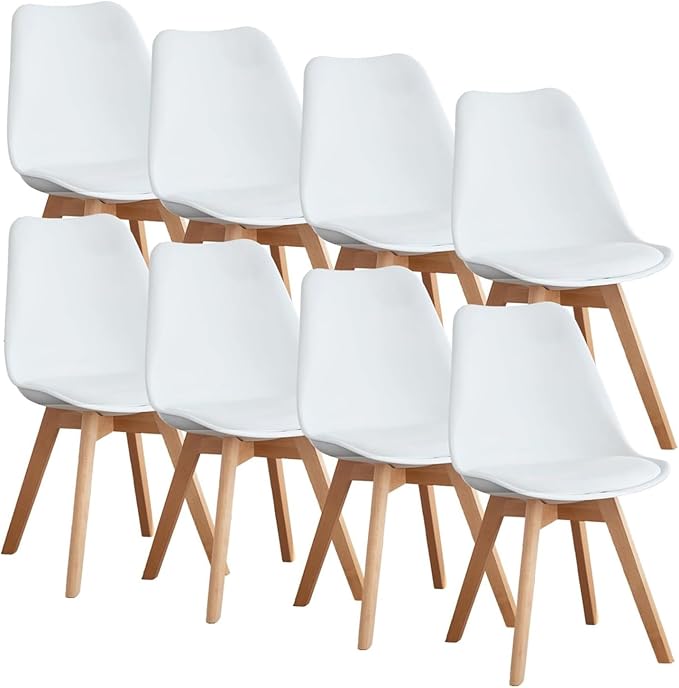 OLIXIS Modern Dining Chairs Set of 8, PU Leather Upholstered Kitchen Chairs with Wood Legs, Mid Century Accent Chairs for Living Room, Bedroom, Outdoor Lounge, White