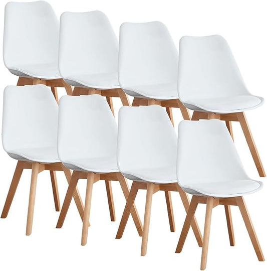 OLIXIS Modern Dining Chairs Set of 8, PU Leather Upholstered Kitchen Chairs with Wood Legs, Mid Century Accent Chairs for Living Room, Bedroom, Outdoor Lounge, White