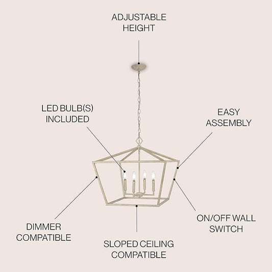 JONATHAN Y 23" Antique White 4-Light Rustic Glam Adjustable Iron LED Pendant, Open Cage Lantern Hanging Light for Dining Room, Kitchen Island, Foyer, Farmhouse French Country JYL7520A