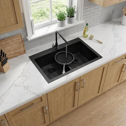 LQS Black Kitchen Sink, 33x22 Drop In Kitchen Sink Black, Top Mount Stainless Steel Sink, Large Capacity, 50/50 Double Bowl Sink with Unique Low-Divider Design For Easier Rinsing and Cleaning