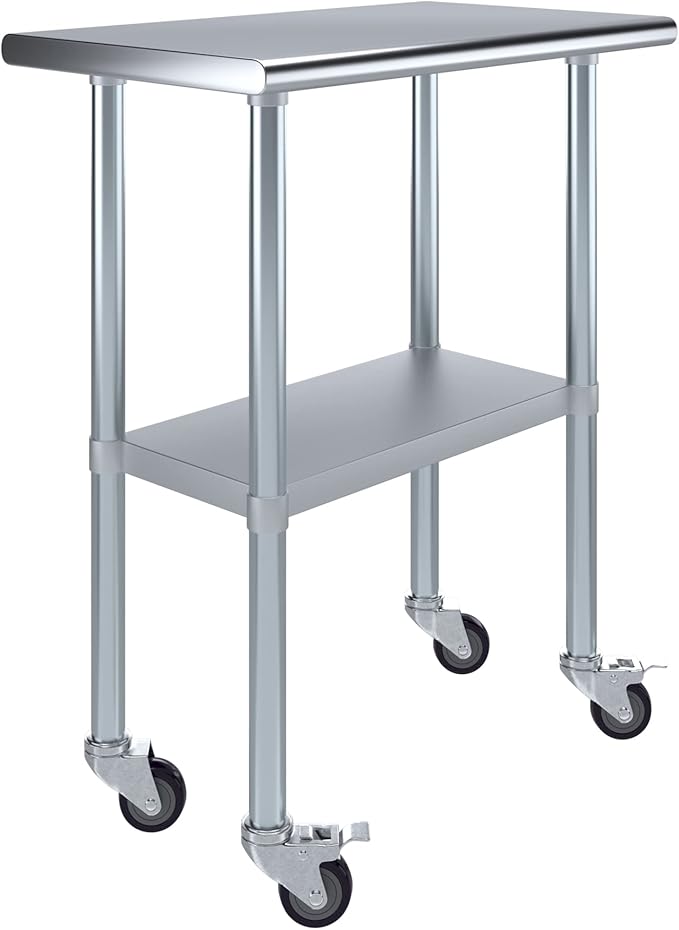 Stainless Steel Work Table with Wheels | NSF Kitchen Island Food Prep | Laundry Garage Utility Bench (Table + Wheels, 30" Long x 18" Deep)