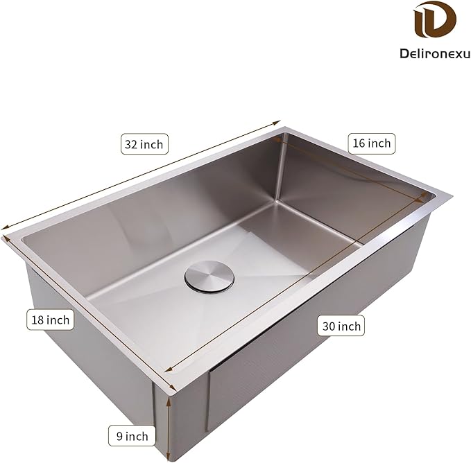 32 Inch Undermount Kitchen Sink - Delironexu 16 Gauge Stainless Steel Kitchen sink Single Bowl, 32''x18'' Undermount Sink with Brushed Finish, Includes 4 Accessories
