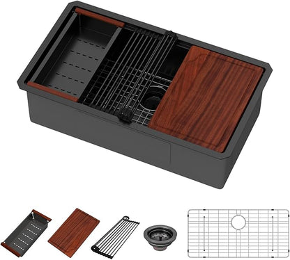 30 Inch Matte Black Workstation Kitchen Sink - Premium NANO-PVD Coated Undermount Sink, 16 Gauge Deep Single Bowl with Accessory Ledge & Round Corner, Fits 33" Cabinet (30"x19"x10")