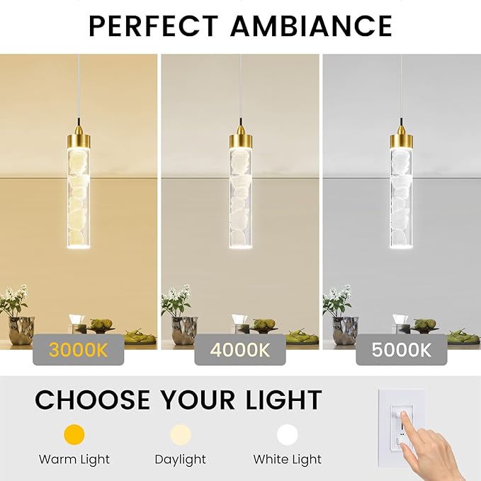 Pendant Lights Kitchen Island 3 Pack, Modern Mini Pendant Light Fixtures with Crystal Stone, Dimmable LED Chandelier, Gold Hanging Light Fixture for Dining Room Hallway, 3000-5000K Adjustable, ETL