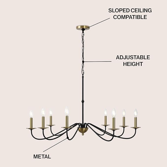 JONATHAN Y 40" Brass Gold/Black 8-Light Bohemian Farmhouse Iron Chandelier, Rustic Candle-Style LED Hanging Light for Dining Room Kitchen Island Entryway Foyer (JYL7914B)