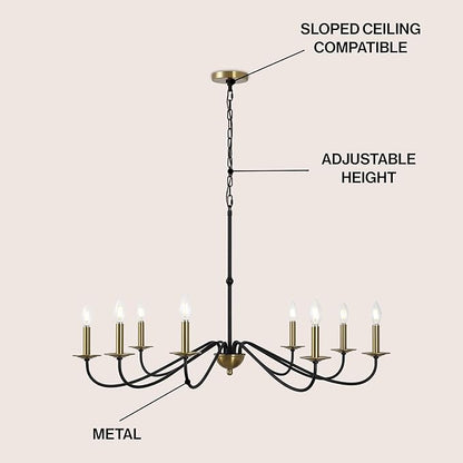 JONATHAN Y 40" Brass Gold/Black 8-Light Bohemian Farmhouse Iron Chandelier, Rustic Candle-Style LED Hanging Light for Dining Room Kitchen Island Entryway Foyer (JYL7914B)