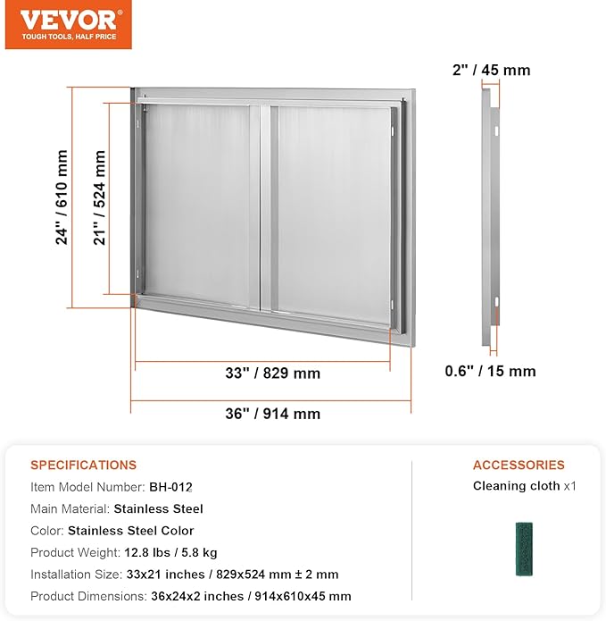 VEVOR BBQ Access Door, 36W x 24H Inch Double Outdoor Stainless Steel Flush Mount Vertical Door with Recessed Handles for BBQ Island, Grilling Station
