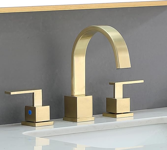 KINGO HOME Gold Bathroom Faucet, Brushed Gold Faucets Bathroom 3 Hole 8inch Widespread Waterfall 2 Handle Brass Faucets Bath Sink Vanity Faucet with Pop Up Drain and Supply Lines
