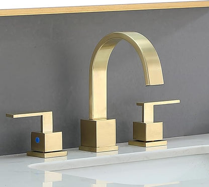 KINGO HOME Gold Bathroom Faucet, Brushed Gold Faucets Bathroom 3 Hole 8inch Widespread Waterfall 2 Handle Brass Faucets Bath Sink Vanity Faucet with Pop Up Drain and Supply Lines