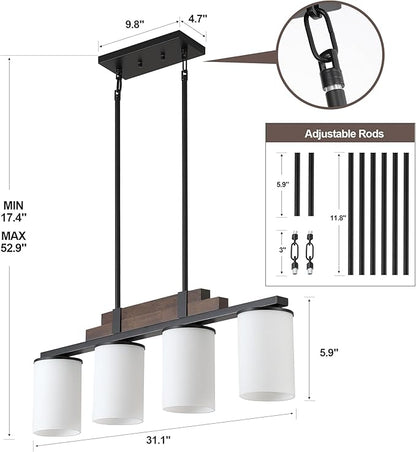 Farmhouse Wood Kitchen Island Lighting, 4-Light Adjustable Chandelier for Dining Room, Milk Glass Shade Dining Room Light Fixture Over Table, Black Hanging Pendant Lights for Kitchen, Pool Table