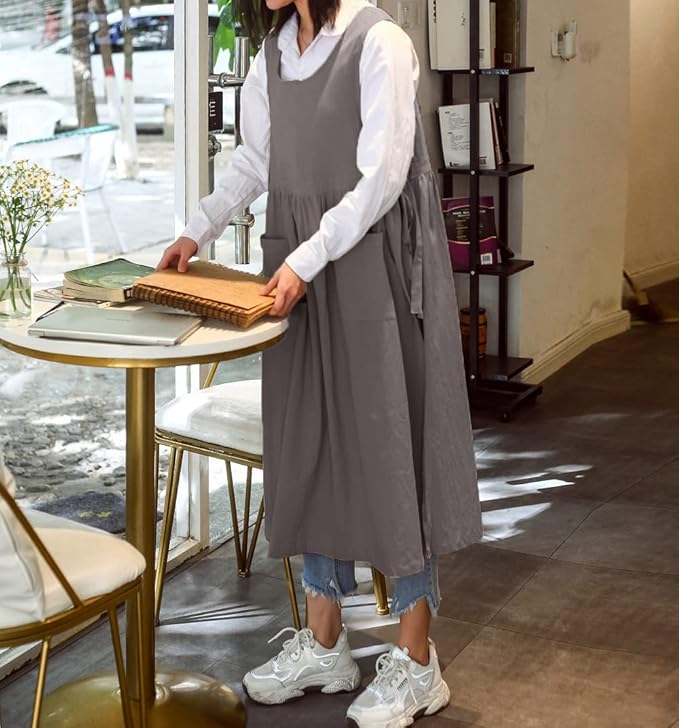 Women Plus Size Cotton Linen Vintage Pleated Split Apron Pinafore Dress with Two Pockets