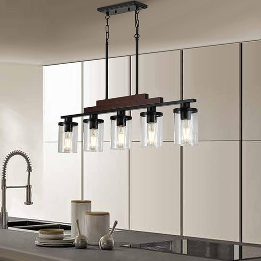 Dining Room Light Fixture Over Table Above Farmhouse Kitchen Island Lighting,Matte Black Rustic Rectangular Linear Chandelier Wood Pendant 5-Light Ceiling Hanging with Glass Shade for Bar Restaurant