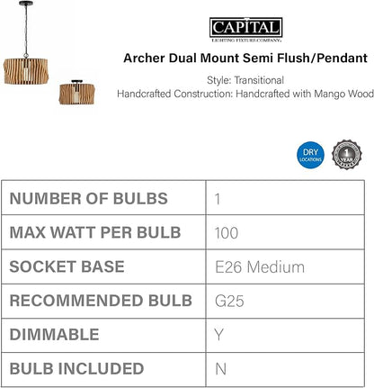 Capital Lighting 244632WK Archer Modern Artisan-Crafted Mango Wood Dual Mount Pendant/Semi Flush Ceiling Light, 1-Light 100 Watt, 11" H x 16" W, Light Wood and Matte Black