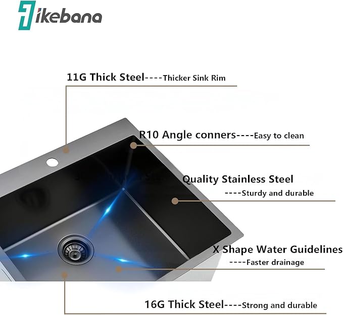 IKEBANA 22 x 18 inch Black Drop in Kitchen Sink, 16 Gauge Stainless Steel Topmount Kitchen Sink Single Bowl, Outdoor Small RV Bar Sinks with Strainer
