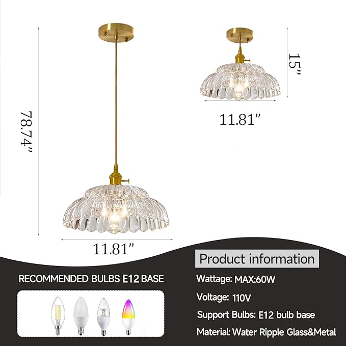 Clear Glass Pendant Light with Striped Shade, Adjustable Brass Vintage Hanging Light Fixture for Kitchen Island Sink Dining Room Ceiling Hallway Lighting