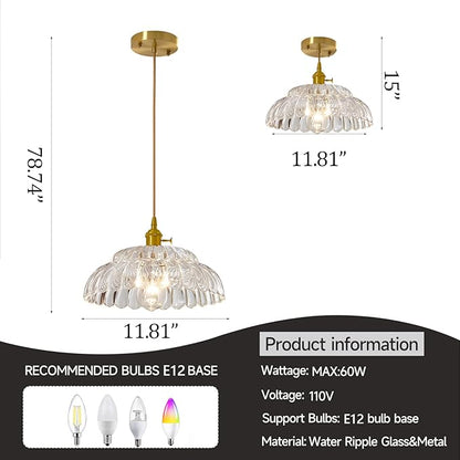 Clear Glass Pendant Light with Striped Shade, Adjustable Brass Vintage Hanging Light Fixture for Kitchen Island Sink Dining Room Ceiling Hallway Lighting