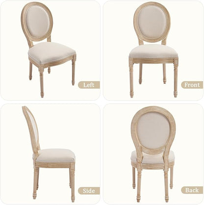 French Country Dining Chairs Set of 4, Upholstered Rattan Dining Chair with Round Backrest, Farmhouse Vintage Dining Chairs for Living Room, Kitchen, Restaurant (Beige-Padded, Set of 4)