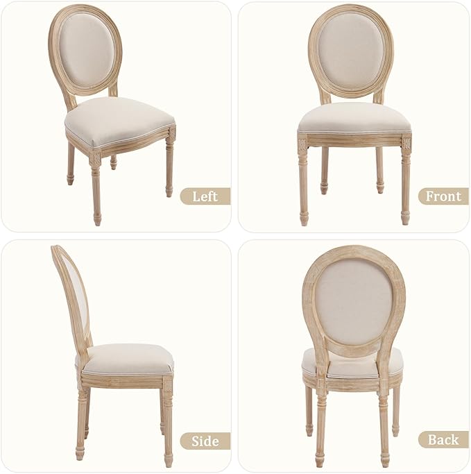 French Country Dining Chairs Set of 2, Upholstered Rattan Dining Chair with Round Backrest, Farmhouse Vintage Dining Chairs for Living Room, Kitchen, Restaurant (Beige-Padded, Set of 2)