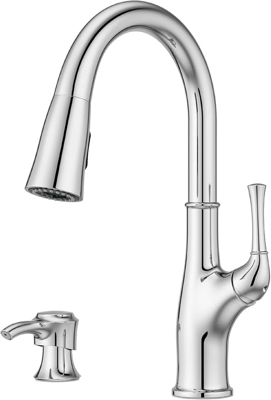 Pfister Alderwood Kitchen Faucet with Pull Down Sprayer and Soap Dispenser, Single Handle High Arc Spout, Chrome Finish, NSF Certified, 1 or 3 Hole Installation F5297AWC
