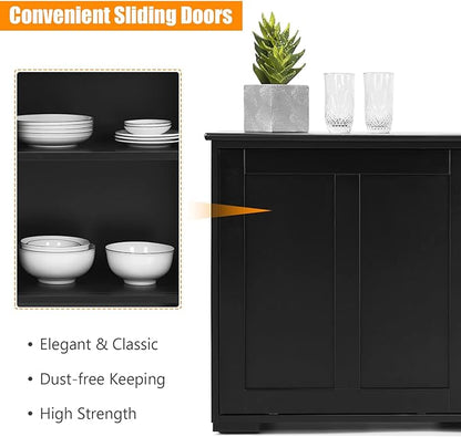 Costzon Sideboard Buffet Cabinet, Wooden Kitchen Storage Cabinet with Adjustable Shelf, Sliding Barn Door, Accent Coffee Bar Cabinet Console Table for Living Room, Dining Room, Hallway (Black)