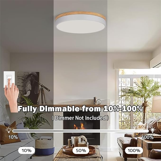 Modern Wood Flush Mount Ceiling Light, White LED 5CCT 2700K-6000K Dimmable Ceiling Light Fixtures, Round Close to Lighting Fixture for Kitchen Living Room Dining Room Bedroom-15.8in