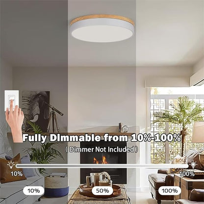 Modern Wood Flush Mount Ceiling Light, White LED 5CCT 2700K-6000K Dimmable Ceiling Light Fixtures, Round Close to Lighting Fixture for Kitchen Living Room Dining Room Bedroom-15.8in