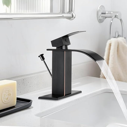 ORB Bathroom Faucet with Lift Rod Drain, Waterfall Bathroom Sink Faucet Modern Single Handle Bathroom Faucte 1 or 3 Hole, RV Mixer Tap Vanity Faucet Washbasin Faucet with Deck