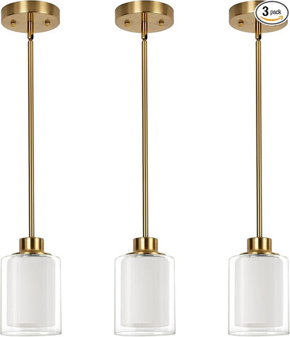 1-Light Mini Pendant Light Fixtures, 3-Pack Modern Hanging Ceiling Lighting, Adjustable Height, Gold Pendant Lamp with Dual Glass for Kitchen Island Bedroom