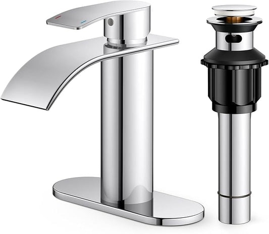 FORIOUS Waterfall Bathroom Faucet One Hole, Chrome Single Handle Bathroom Faucet for 1 or 3 Hole Sink with Metal Pop up Drain, Deck Plate, cUPC Hoses for Vanity, Rv Sink