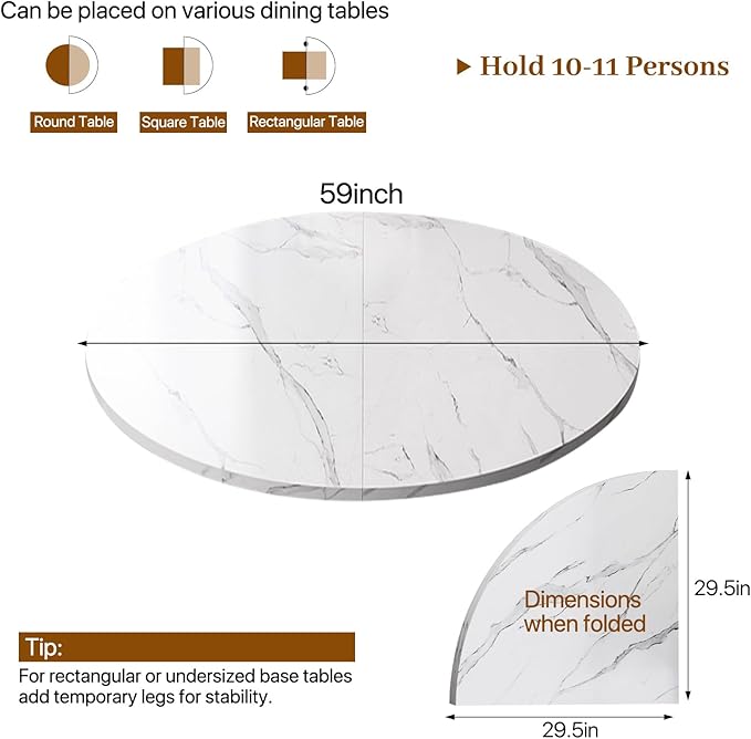 Wood Round Foldable Table Top Only Large Portable Tabletop for Desktop Transformation 47 51 55 59 63 71 inch 4-Fold Folding Round Table Top Extender Space Saving for Family Dinners(White Marble,59")