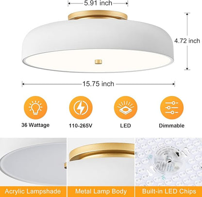 Dimmable LED Ceiling Light Fixture, 2700K-6000K 5CCT Modern Mid-Century Semi Flush Mount Ceiling Light, White Close to Ceiling Lamp for Bedroom, Living Room, Kitchen, Laundry Room, 15.7in