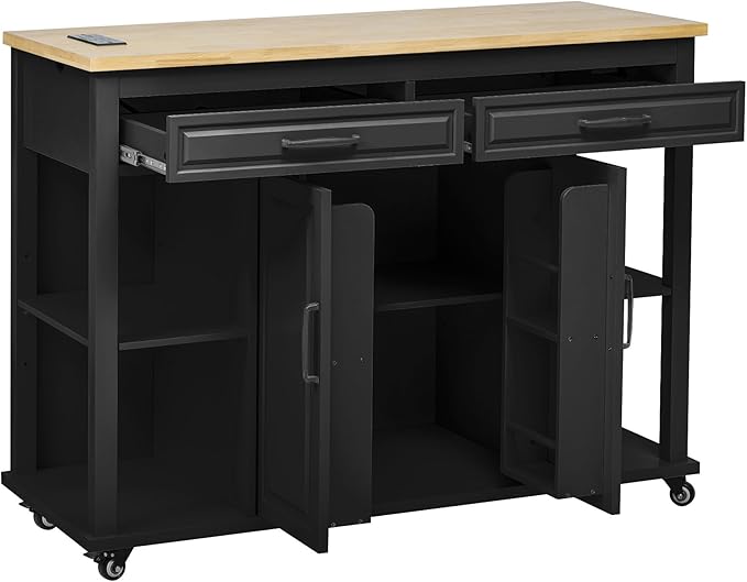 Modern Dining Table Extendable Kitchen Island with Rack Power Outlet Adjustable Sturdy Stable Easy Clean Counter Console Luxury Rubber Wood Veneer,Black-MDF