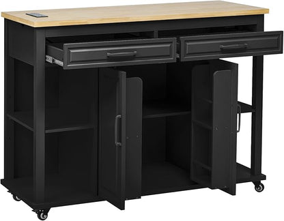 Modern Dining Table Kitchen Island with Extendable Countertop Internal Rack Power Outlet Adjustable Sturdy Stable Easy Clean Luxury,Black-Wood