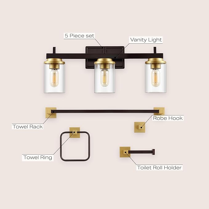 JONATHAN Y JYL1502B Liam 23.25" 3-Light Farmhouse Vanity Light with Bathroom Hardware Accessory Set, Oil Rubbed Bronze/Gold Painting (5-Piece) - Towel Bar & Ring, Toilet Paper Holder, Robe Hook