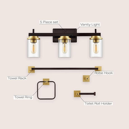 JONATHAN Y JYL1502B Liam 23.25" 3-Light Farmhouse Vanity Light with Bathroom Hardware Accessory Set, Oil Rubbed Bronze/Gold Painting (5-Piece) - Towel Bar & Ring, Toilet Paper Holder, Robe Hook