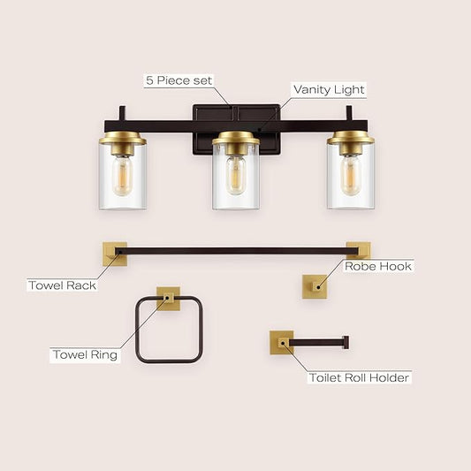 JONATHAN Y JYL1502B Liam 23.25" 3-Light Farmhouse Vanity Light with Bathroom Hardware Accessory Set, Oil Rubbed Bronze/Gold Painting (5-Piece) - Towel Bar & Ring, Toilet Paper Holder, Robe Hook