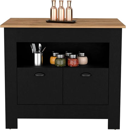 GOWE Floyd Kitchen Island 35" H, Whit 2 Doors, 3 Shelves, Black/Macadamia