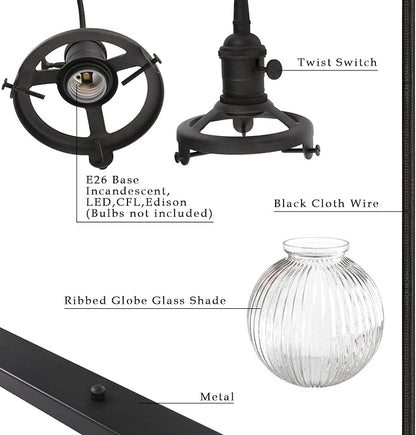 Phansthy Kitchen Island Lighting, 3 Lights Linear Chandeliers, Hanging Light with 5.9" Globe Striped Glass Shade, 3-Light Pendant Light Fixtures for Dining Room Farmhouse (Black, Long Base)