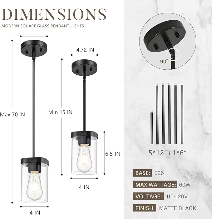 Modern Pendant Light Fixtures 3-Pack, Matte Black Pendant Lights Kitchen Island with Square Transparent Glass, Glass Pendant Light for Dining Room, Bedroom, Living Room, Farmhouse