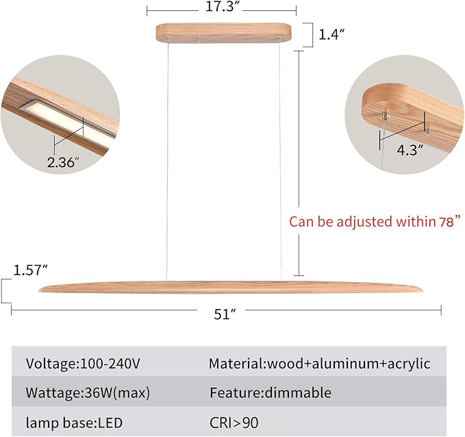 YISDESIGN 51" 36W Wood LED Linear Pendant Light Fixture Led Dining Room Light Dimmable Hanging Light Fixture for Dining Room Kitchen Island Pool Table Lights Natural Ash