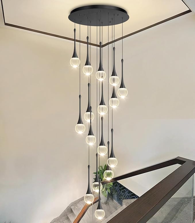 16 Light High Ceiling Crystal Chandelier Dimmable LED Pendant Lights with Remote Adjustable Chandeliers for Foyer Staircase Living Room Black