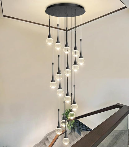 16 Light High Ceiling Crystal Chandelier Dimmable LED Pendant Lights with Remote Adjustable Chandeliers for Foyer Staircase Living Room Black