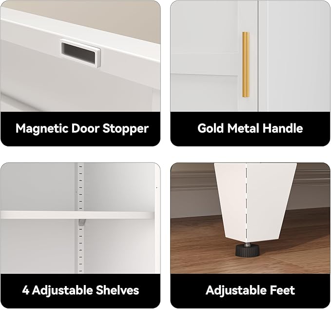 COFaR 67" Tall Bathroom Storage Cabinet, White Metal Storage Cabinet with Magnetic Door & 4 Adjustable Shelves, Slim Freestanding Cupboard for Kitchen, Bathroom, Living Room