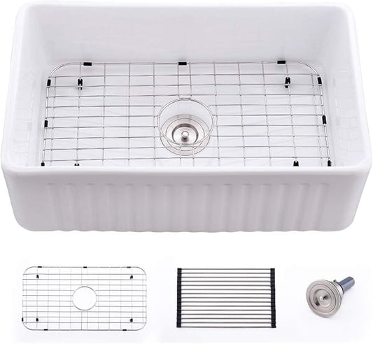 30 Inch White Fireclay Farmhouse Sink-Bokaiya 30x18 Farm House Apron Front Porcelain Ceramic Deep Single Bowl White Kitchen Sink with Dish Rack