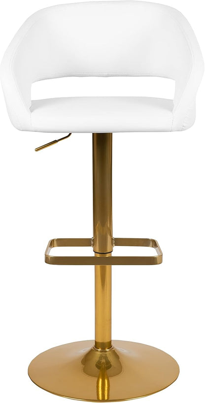 Flash Furniture Erik Comfortable & Stylish Contemporary Barstool with Rounded Mid-Back and Foot Rest, Adjustable Height - White Vinyl with Gold Base, Set of 2