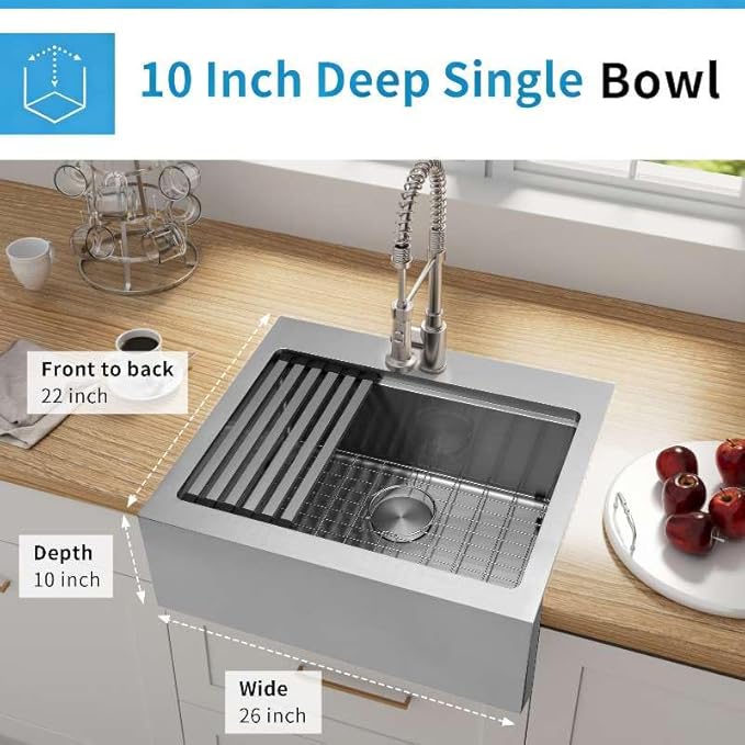 26 Inch Farmhouse Sink, 16 Gauge 304 Stainless Steel Farm Sinks, Drop In Topmount Single Bowl Workstation Sink with all Accessories, 26" x 22" x 10" Deep Kitchen Sink