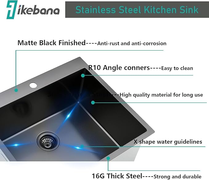 IKEBANA 25 Inch Black Drop In Kitchen Sink, 25 x 22 Inch 16 Gauge Single Bowl Stainless Steel Handmade Topmount Black Sink RV Bar Laundry Sinks
