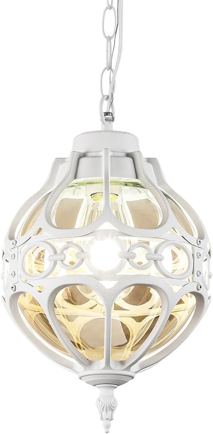 Retro Globe Outdoor Pendant Lights, White Aluminum Waterproof Hanging Light Fixture for Porch Entryway Hallway, Vintage Round Exterior Chandelier, Outside Pendant Lamp with Amber Glass