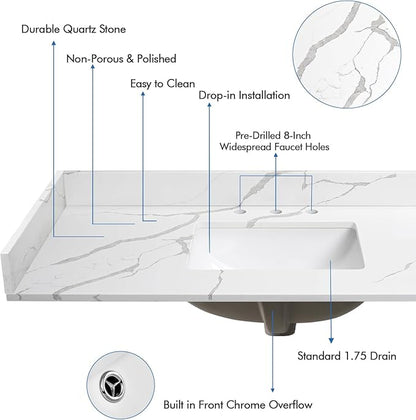 48 in.W x 22 in.D Quartz Calacatta River Vanity Top,with Undermount Single Middle Sink Vanity Top,with Two Sidesplash & One Backsplash,8 Inch Faucet Hole Spread Bathroom Vanity Sink Countertop